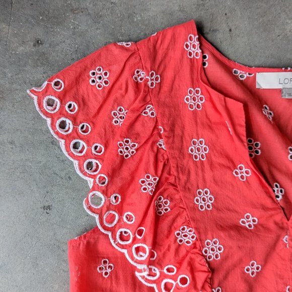 LOFT Coral Red Floral Eyelet Embroidery Ruffle Flutter V-Neck Blouse small - Picture 3 of 8
